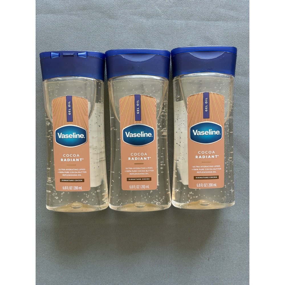 Lot of 3 Vaseline Cocoa Radiant Body Gel Oil 6.8 fl oz 200 ml Pure Cocoa Butter